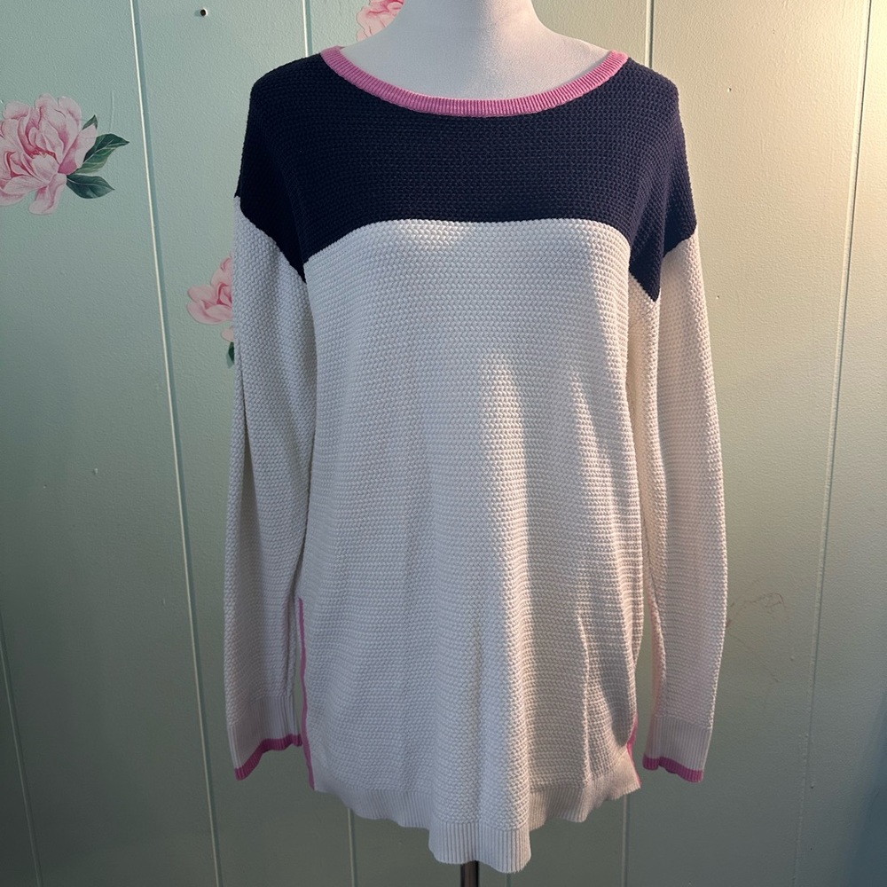 Talbots Knit Pullover Sweater Size L Color Block Blue Pink Zipper Detail